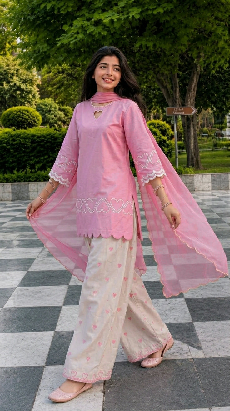 Maroon & Pink Heart Embroidered Sharara Suit Set