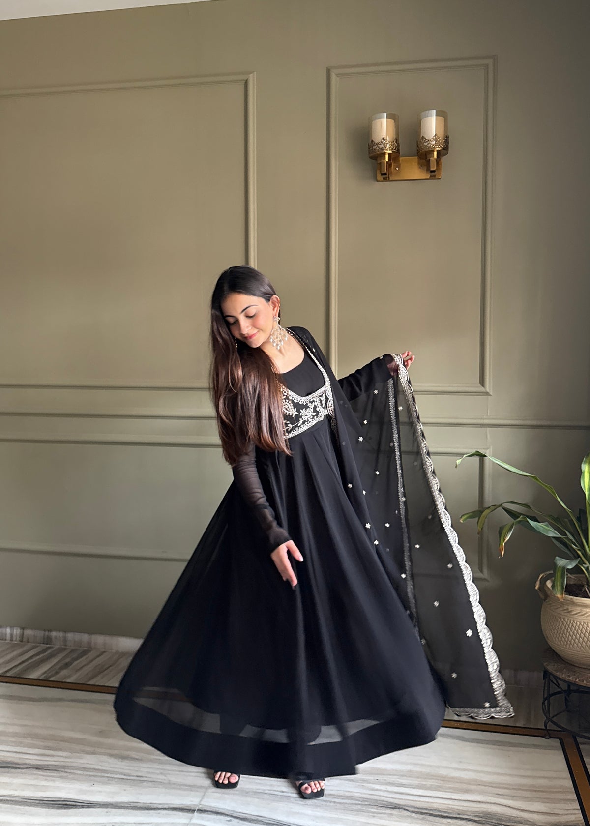 Elegant Black Embroidered Anarkali Suit Set with Designer Dupatta