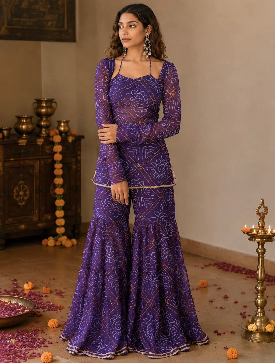 Royal Purple Bandhani Print Sharara Suit Set with Embroidered Dupatta