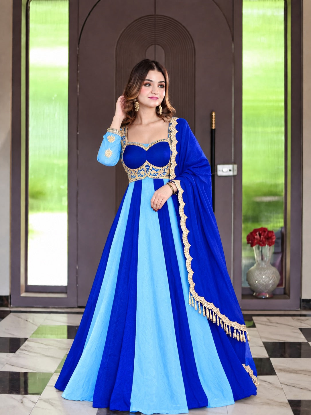 Royal Blue & Sky Blue Embroidered Anarkali Gown with Golden Lace Dupatta