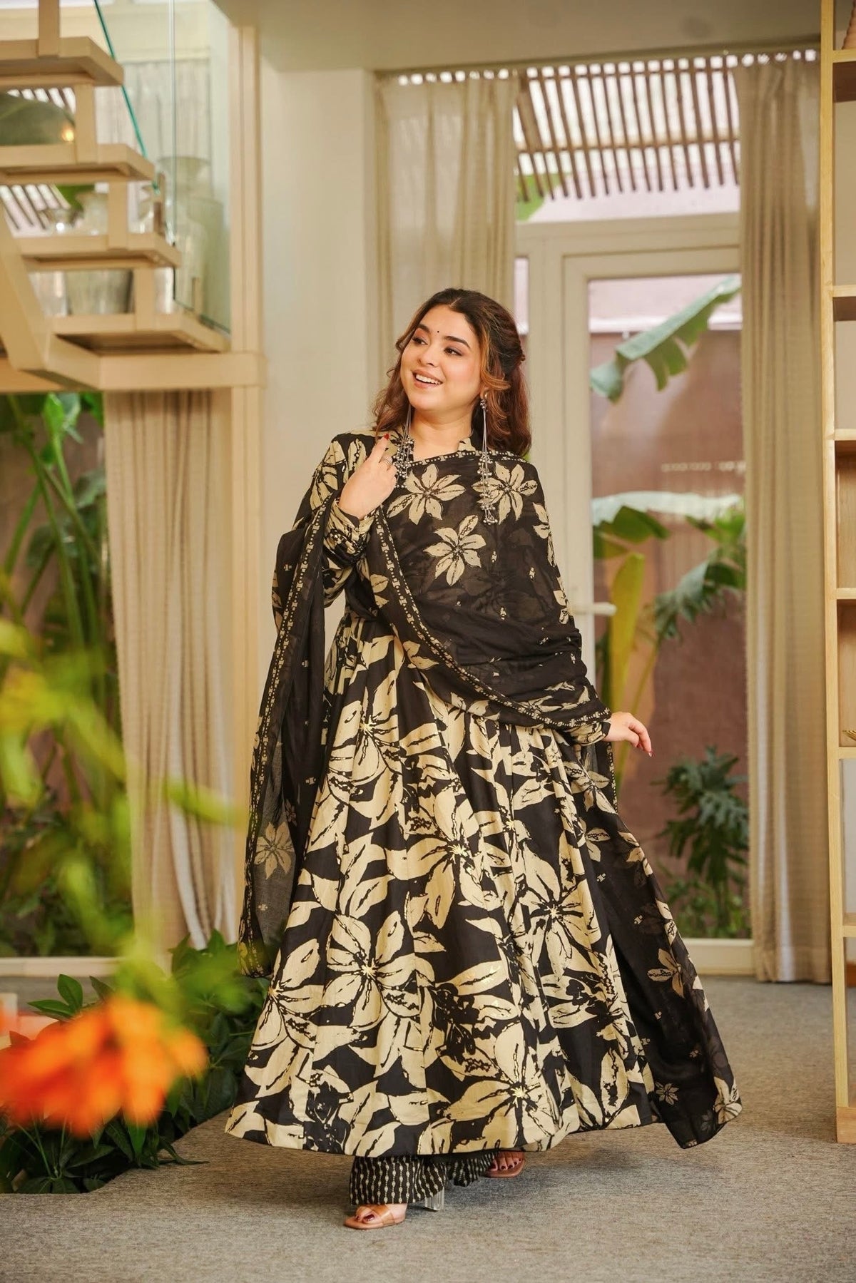 Stylish Black Floral Anarkali Suit with Dupatta