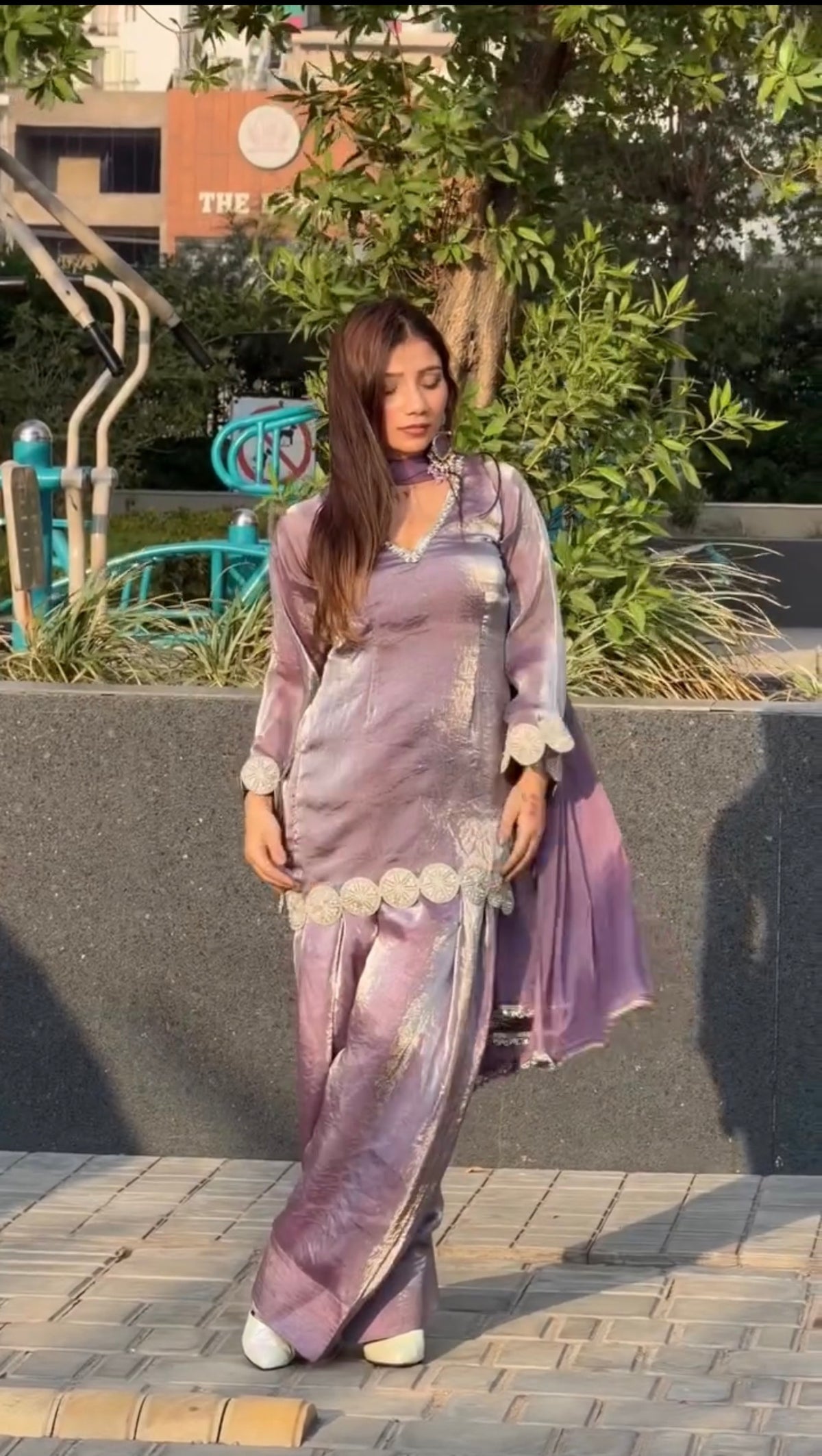 Dusty Mauve Pearl Lace Embellished Suit Set