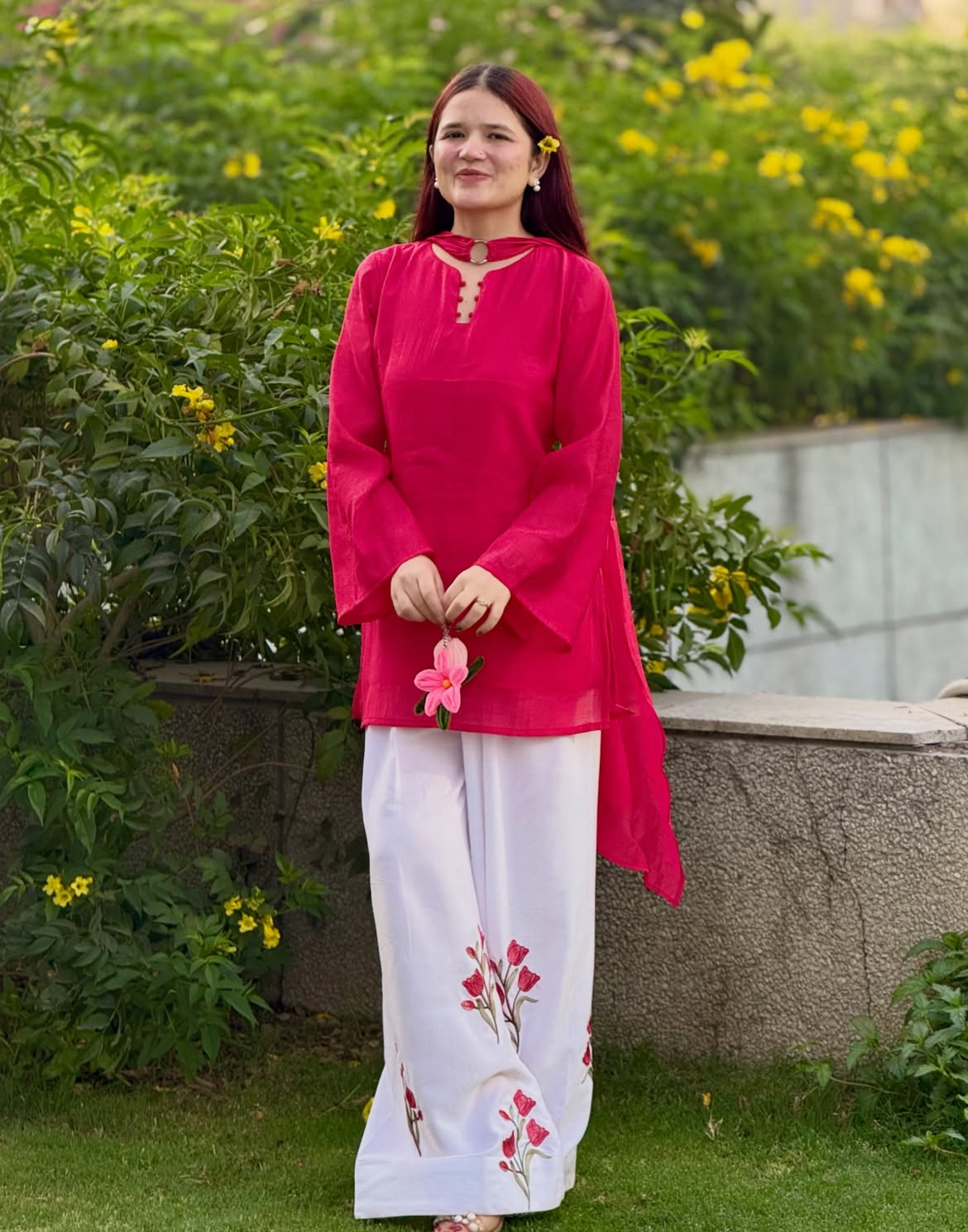 Crimson Bloom Embroidered Palazzo Suit Set