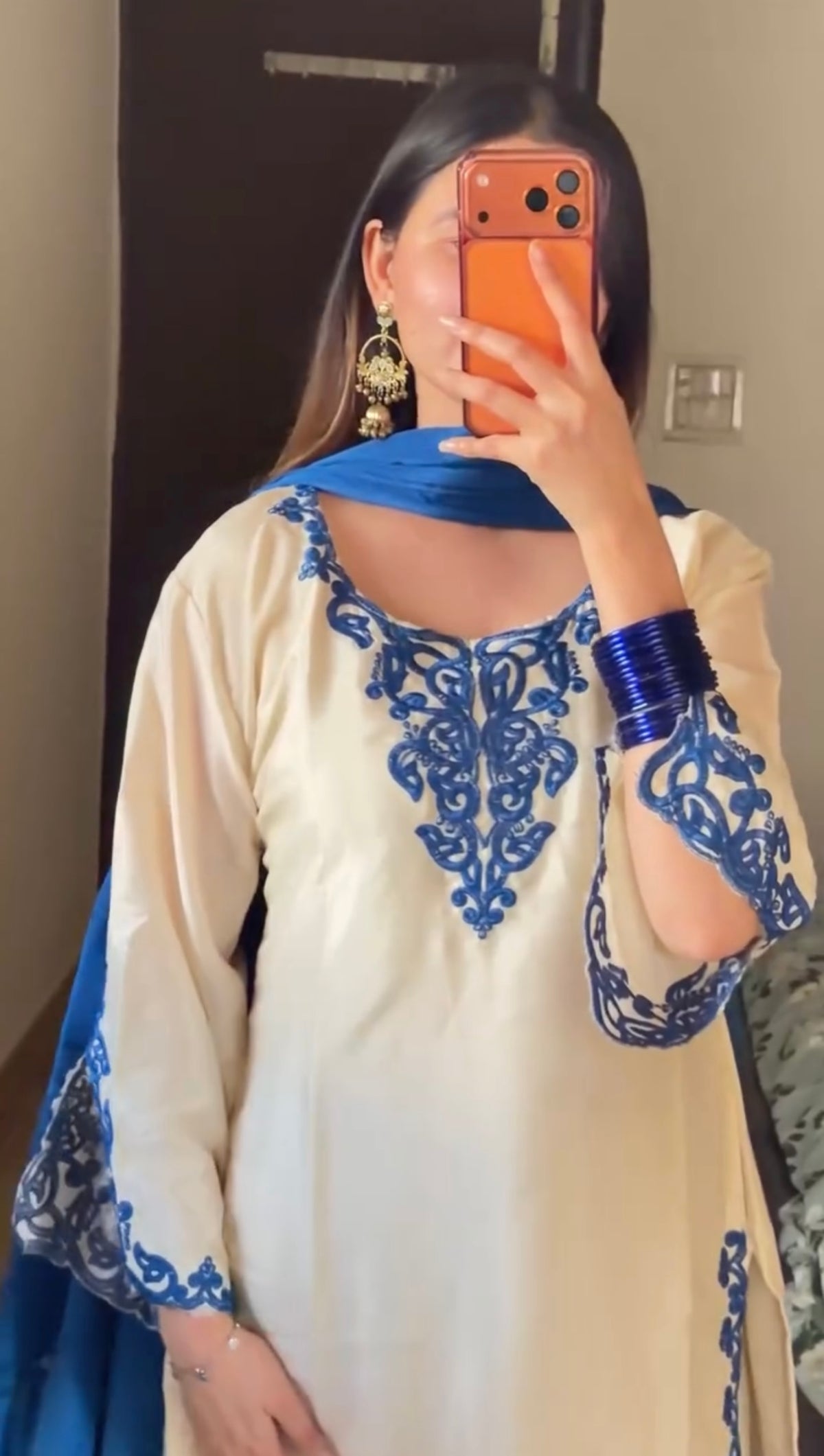 Royal Blue Embroidered Elegance – Ivory Suit Set with Matching Dupatta