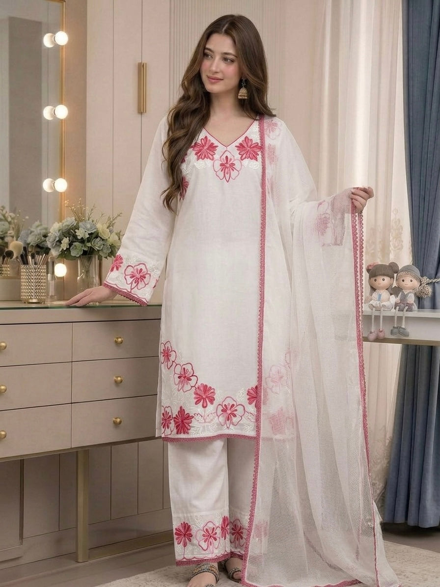 Women's Floral Embroidered Kurta Palazzo Suit Set with Dupatta
