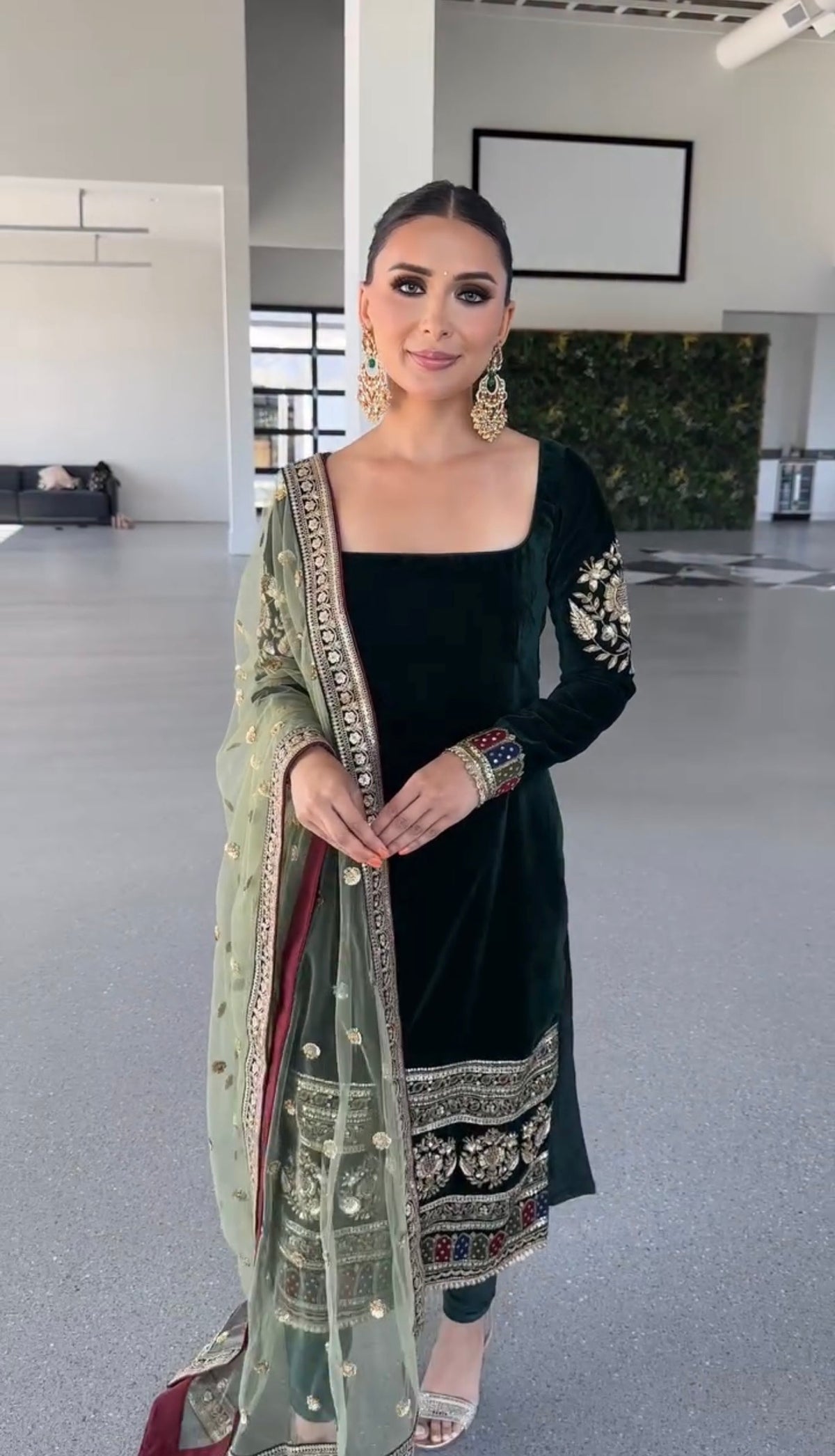 Emerald Green Velvet Salwar Suit with Zari Work and Embellished Dupatta