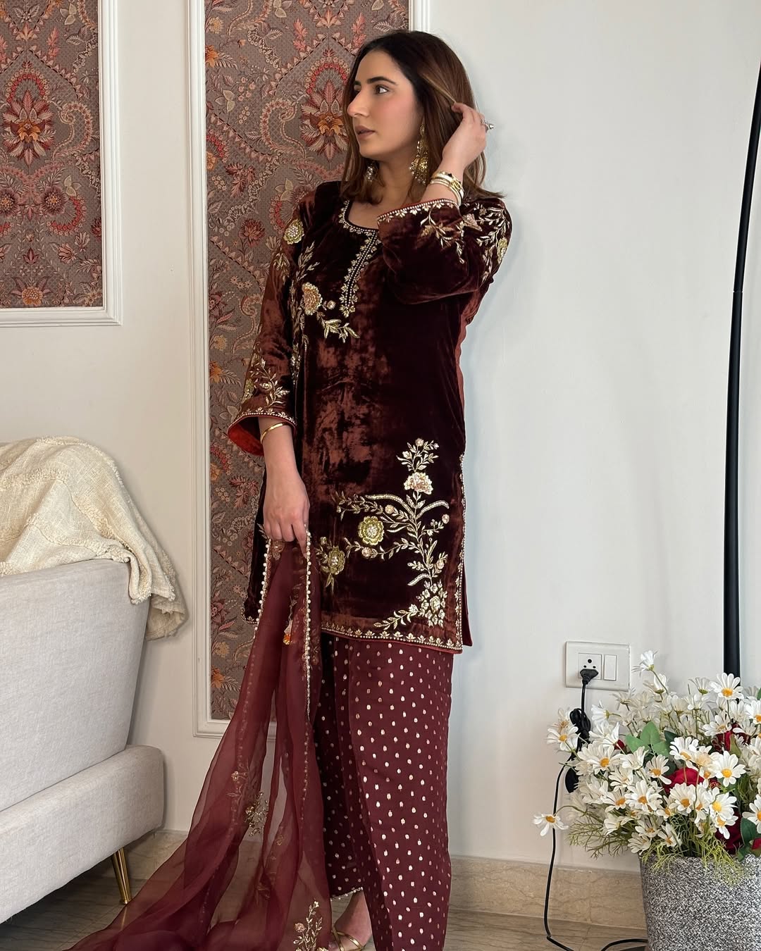 Luxury Maroon Velvet Floral Embroidered Kurti Set for Women