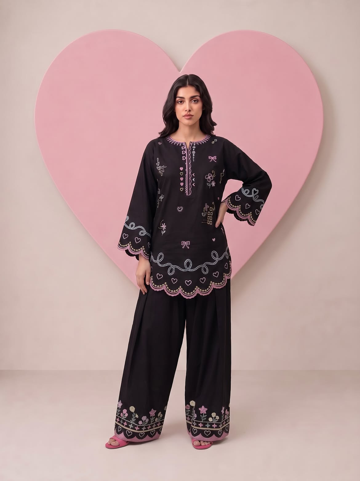 Black Heart Floral Embroidered Farshi Palazzo Suit Set