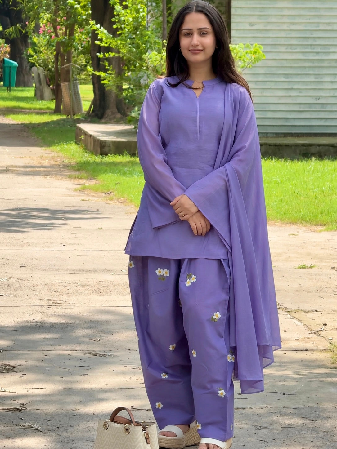 Lavender Floral Embroidered Palazzo Suit Set