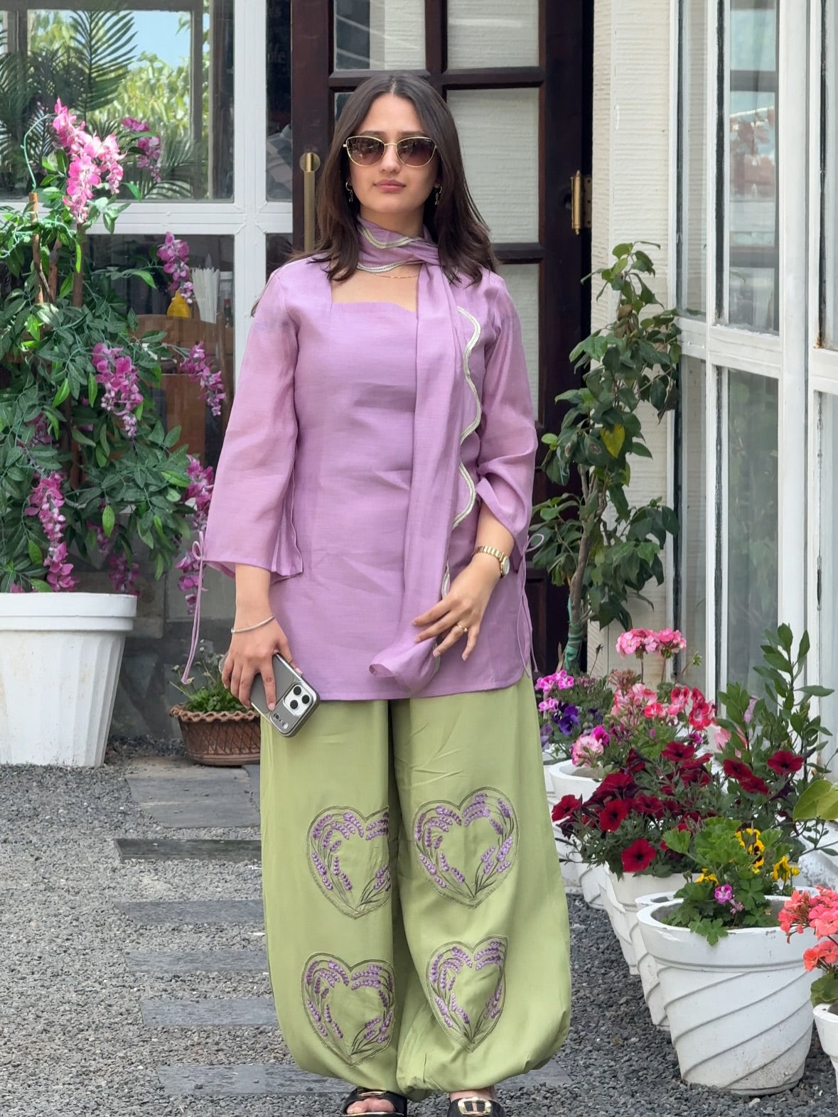 Lavender Green Embroidered Co-Ord Set with Stylish Palazzo Pants
