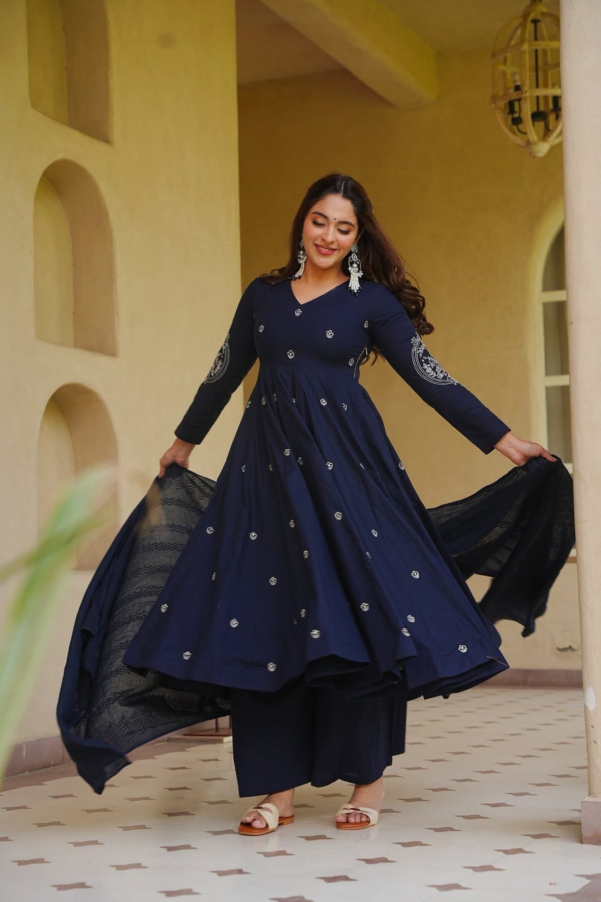 Navy Blue Embroidered Anarkali Suit with Matching Dupatta | Designer Festive Wear