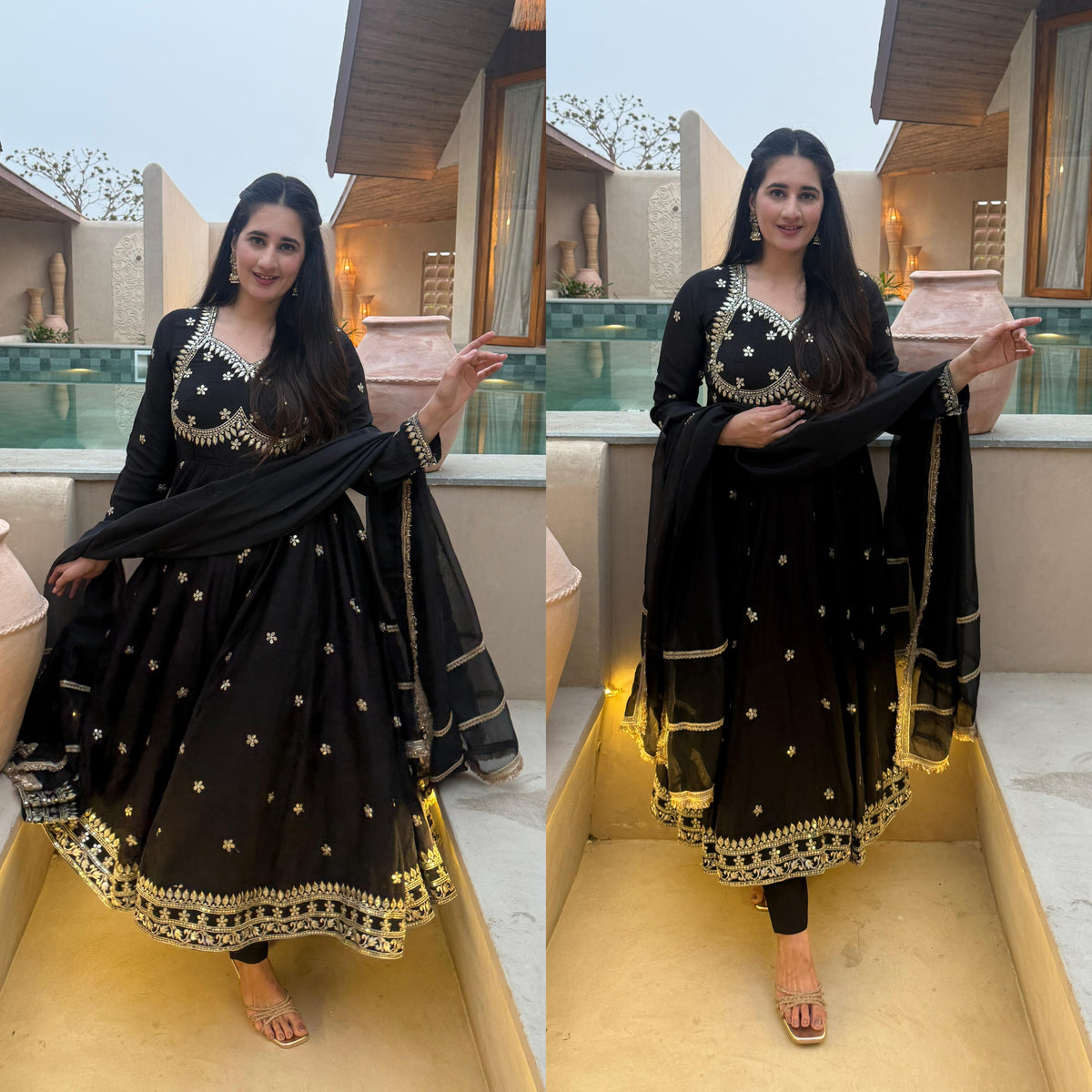 Black Anarkali Suit with Golden Embroidery & Designer Dupatta