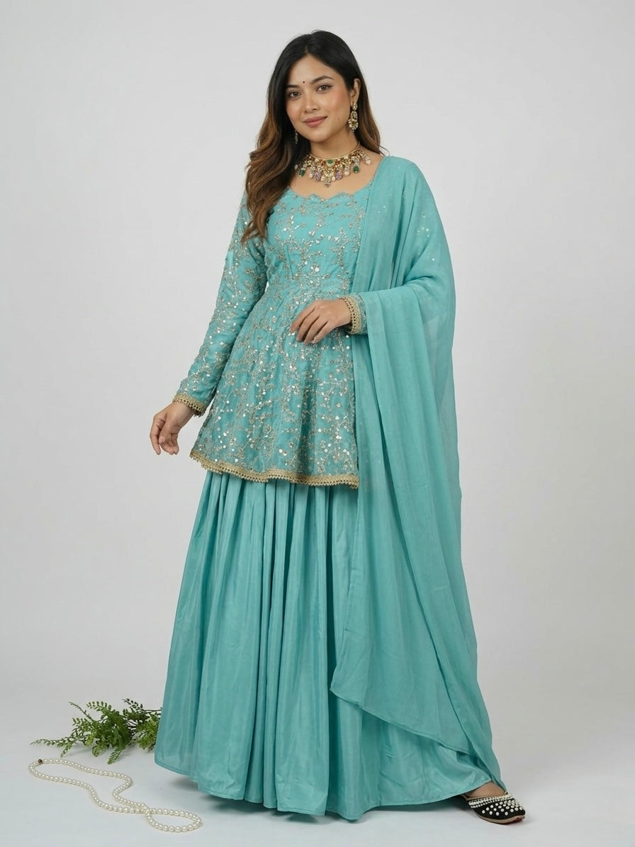 Elegant Aqua Blue Embroidered Peplum Lehenga Suit Set with Dupatta