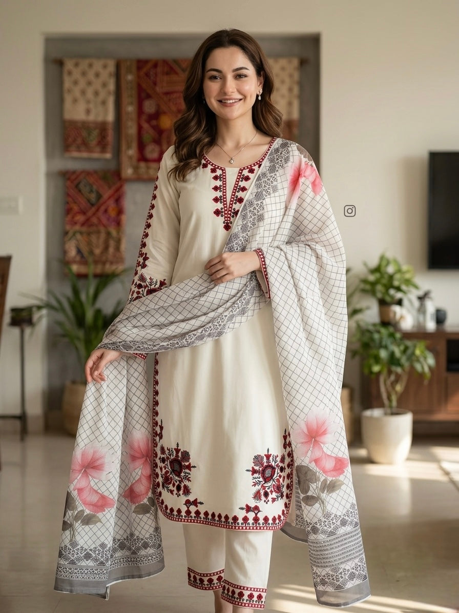 Party Wear White Kurti Set with Floral Thread Work Design