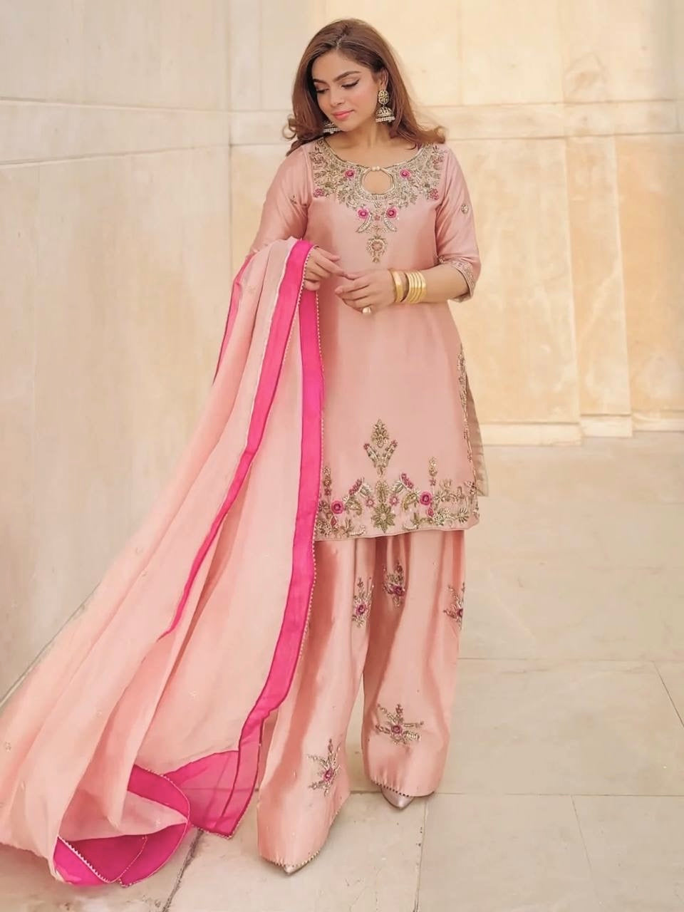 Peach Blossom Embroidered Farshi Palazzo Suit Set