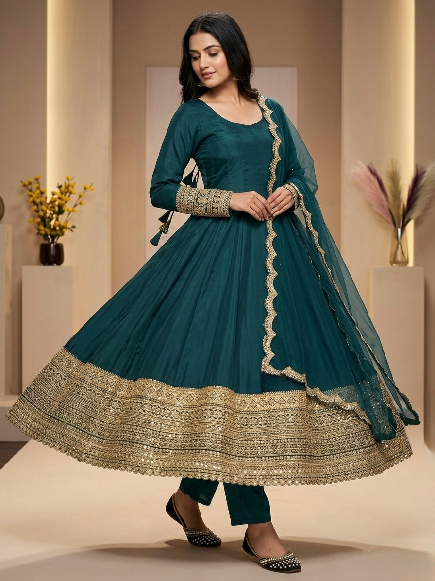 Designer Peacock Green Party Wear Anarkali Dress with Dupatta