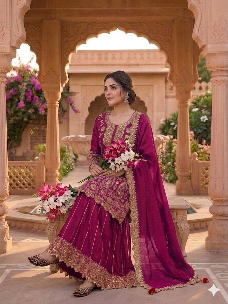 Royal Embroidered Sharara Suit Set with Dupatta