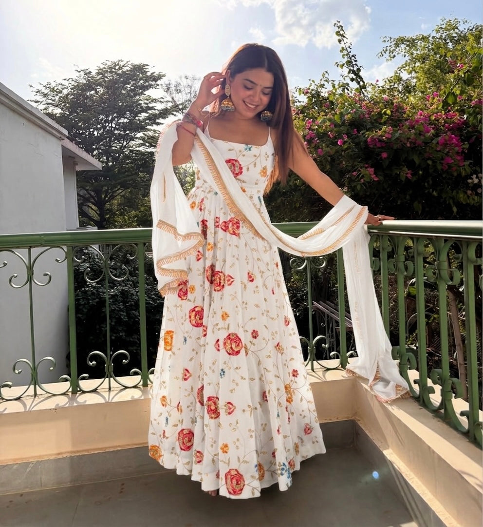 Ivory Blossom Floral Anarkali Set with Dupatta Elegant Festive Wear