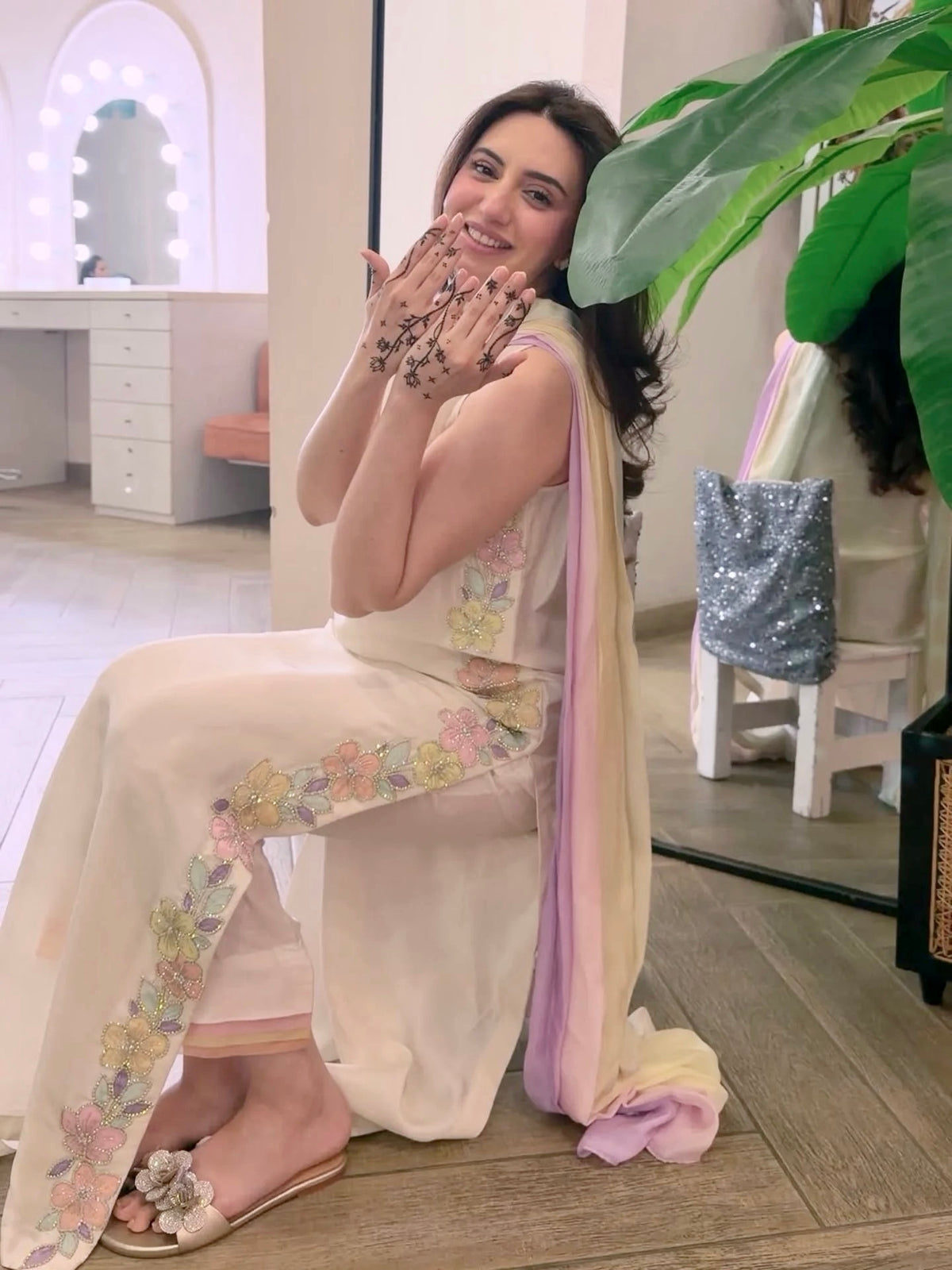 Ivory Floral Embroidered Palazzo Suit Set