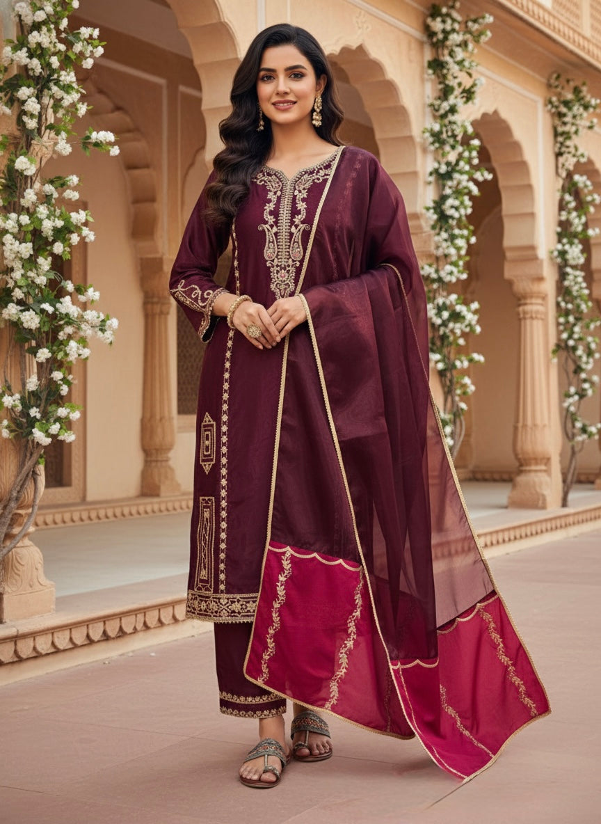 Ivory Embroidered Kurta with Wine Flared Palazzo
