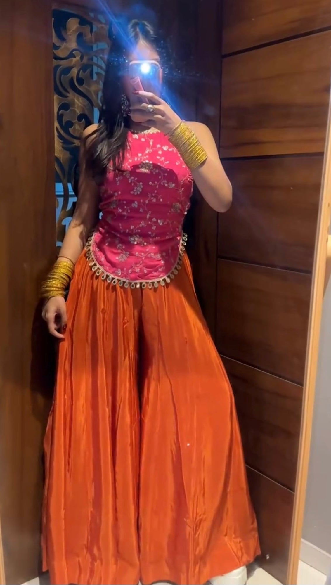 Girls Hot Pink Embroidered Kurti with Orange Sharara Palazzo Set