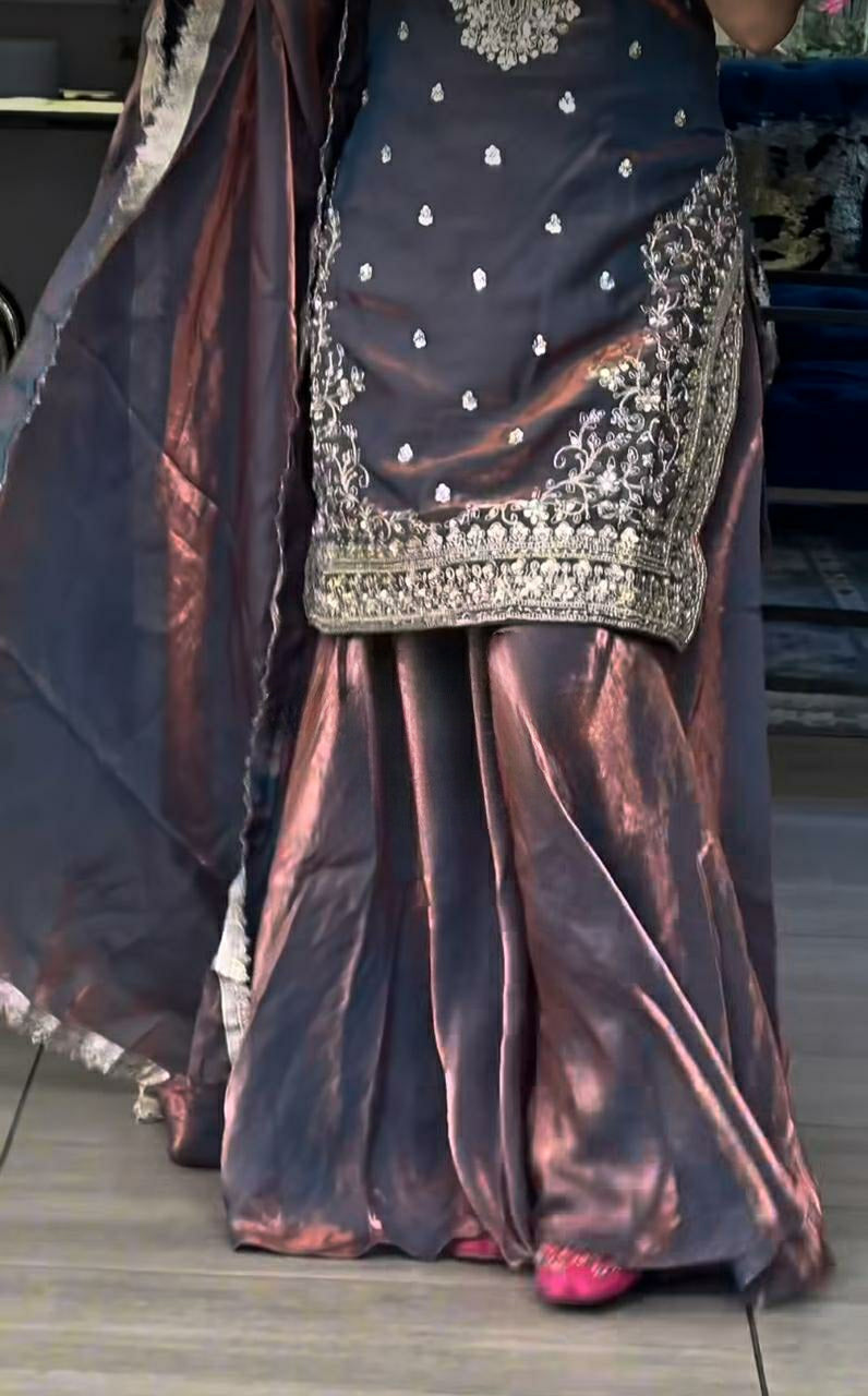 Royal Purple Gold Tissue Palazzo Set with Embroidered Kurti