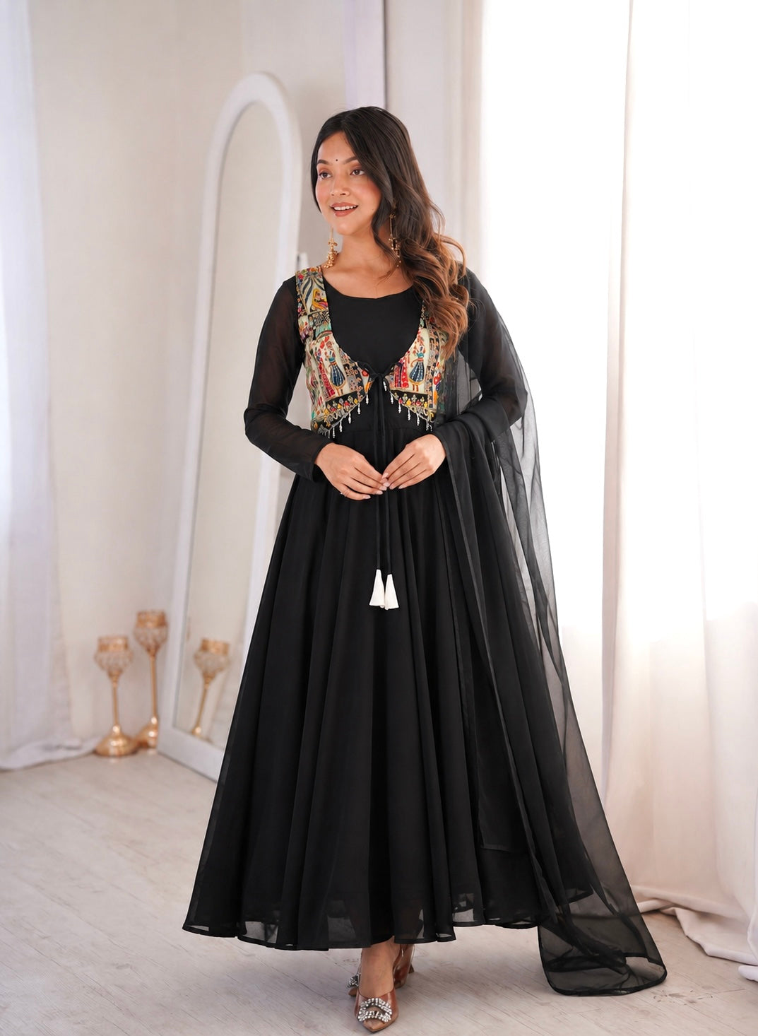 Black Anarkali Suit with Multicolor Printed Jacket & Organza Dupatta
