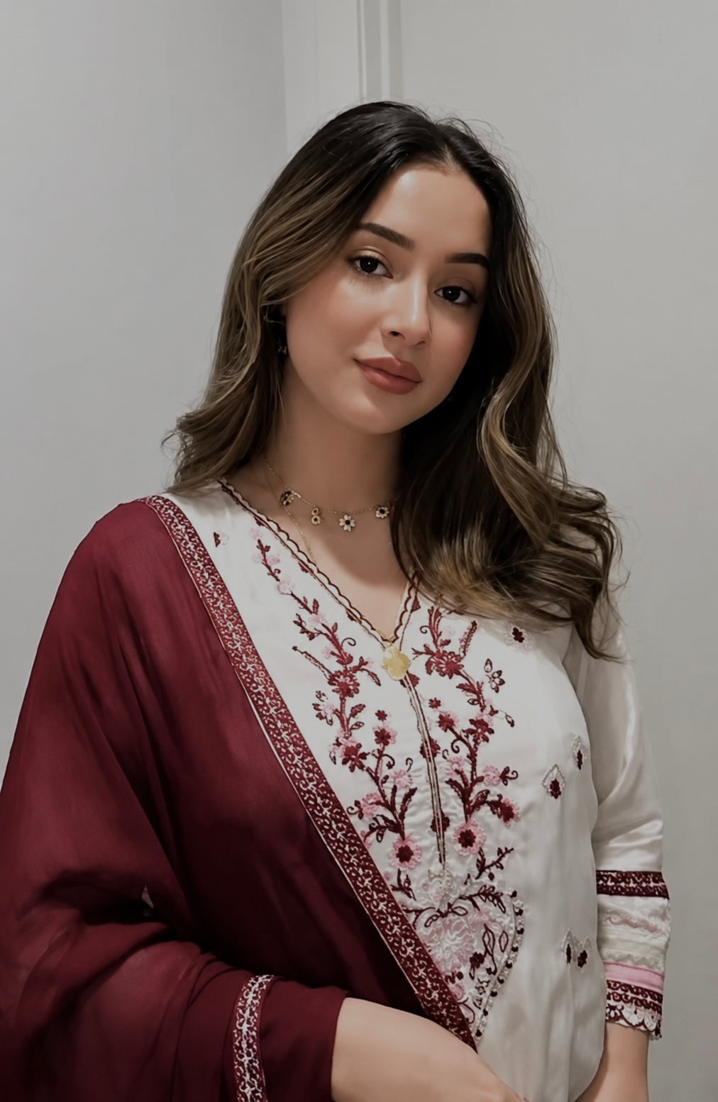 Maroon Floral Embroidered Cotton Suit with Designer Dupatta