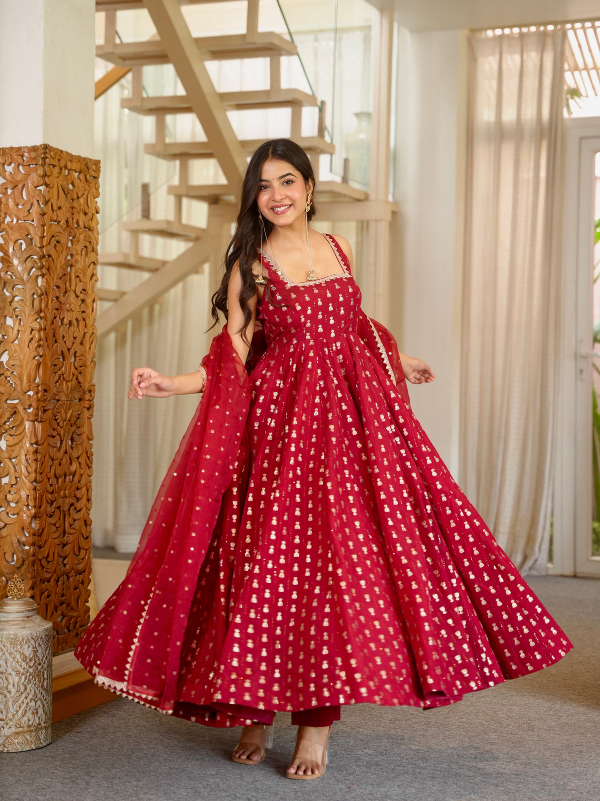 Ruby Red Gold Foil Anarkali Gown with Dupatta for Women