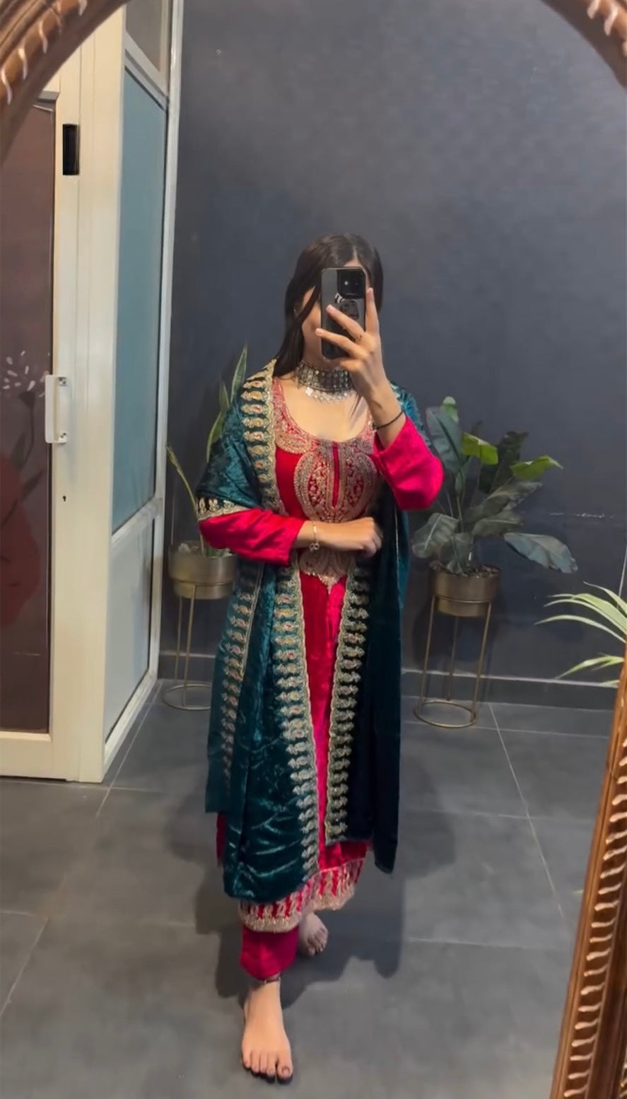Wine and Pink Embroidered Suit Set with Golden Work