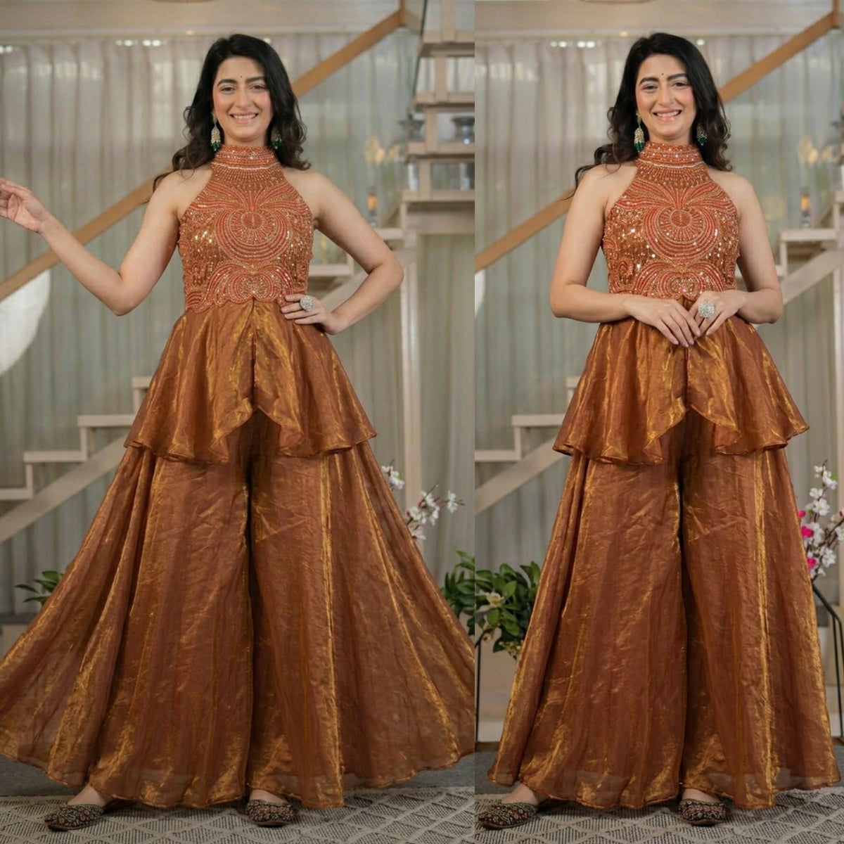 Seafoam Elegance Embroidered Palazzo Set