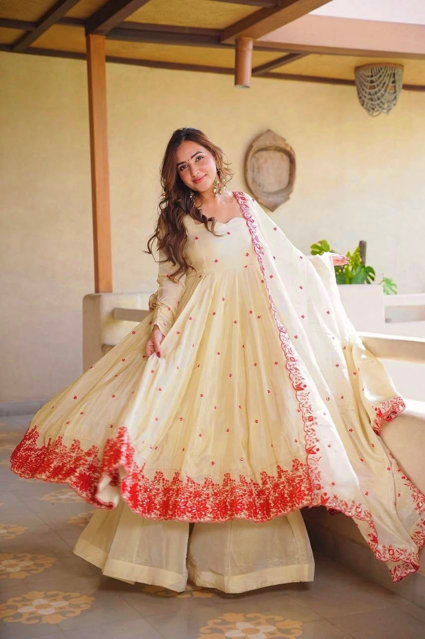 Cream Floral Embroidered Anarkali Gown Set with Dupatta