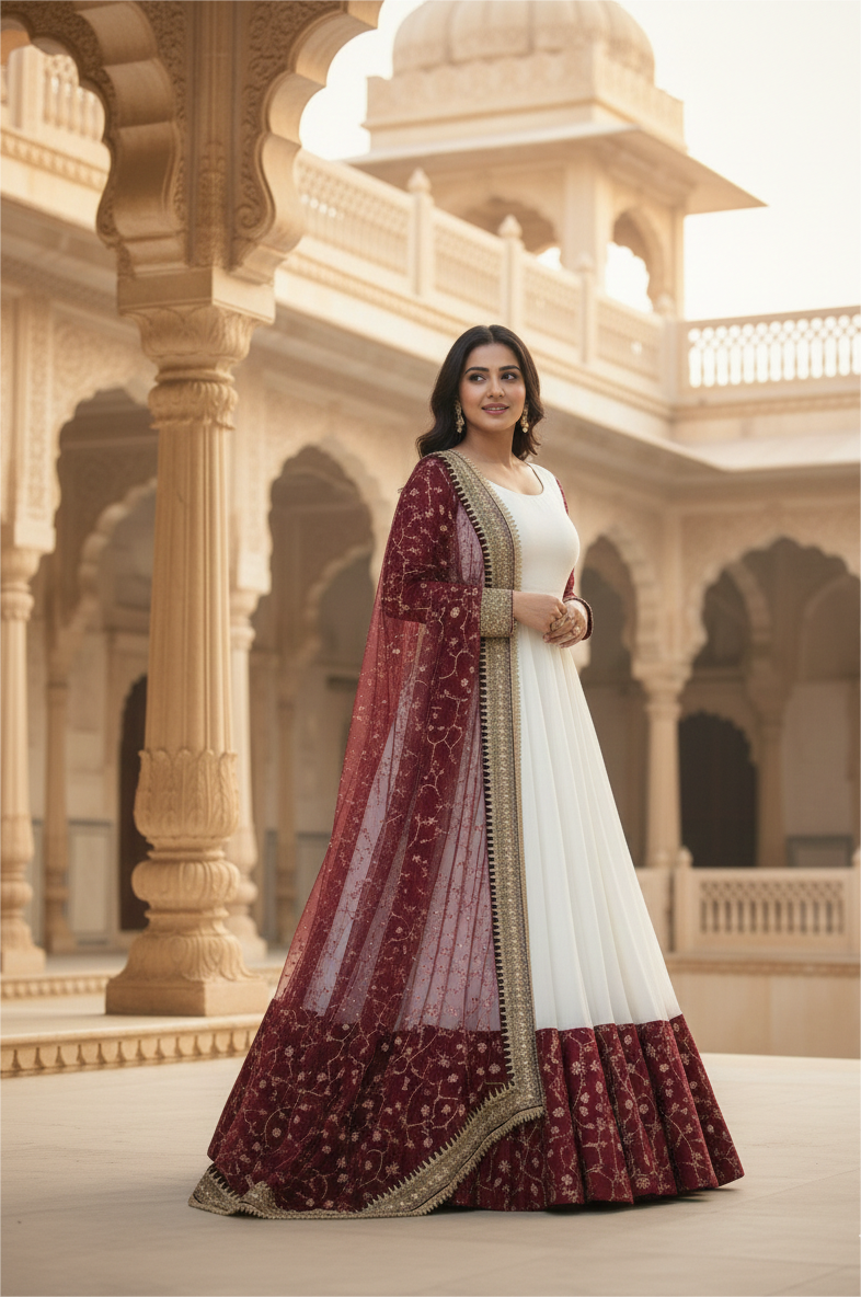 Royal Ivory Anarkali Suit with Maroon Embroidered Dupatta