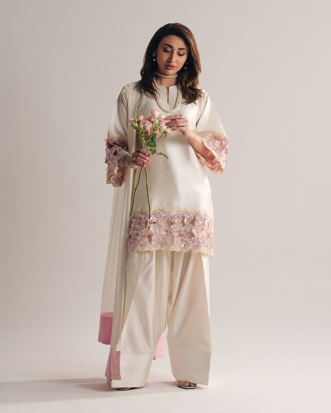Sajavat Ivory Floral Sequin Handwork Kurta Palazzo Set with Dupatta