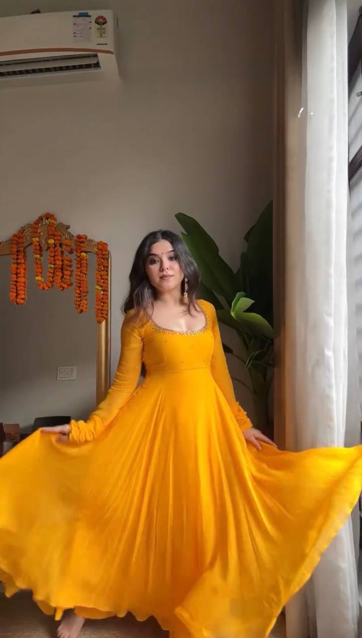 Sunshine Yellow Georgette Anarkali Gown with Elegant Flared Silhouette