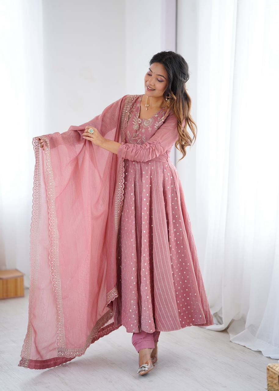 Elegant Dusty Rose Anarkali Suit Set with Dupatta and All-Over Embellishment