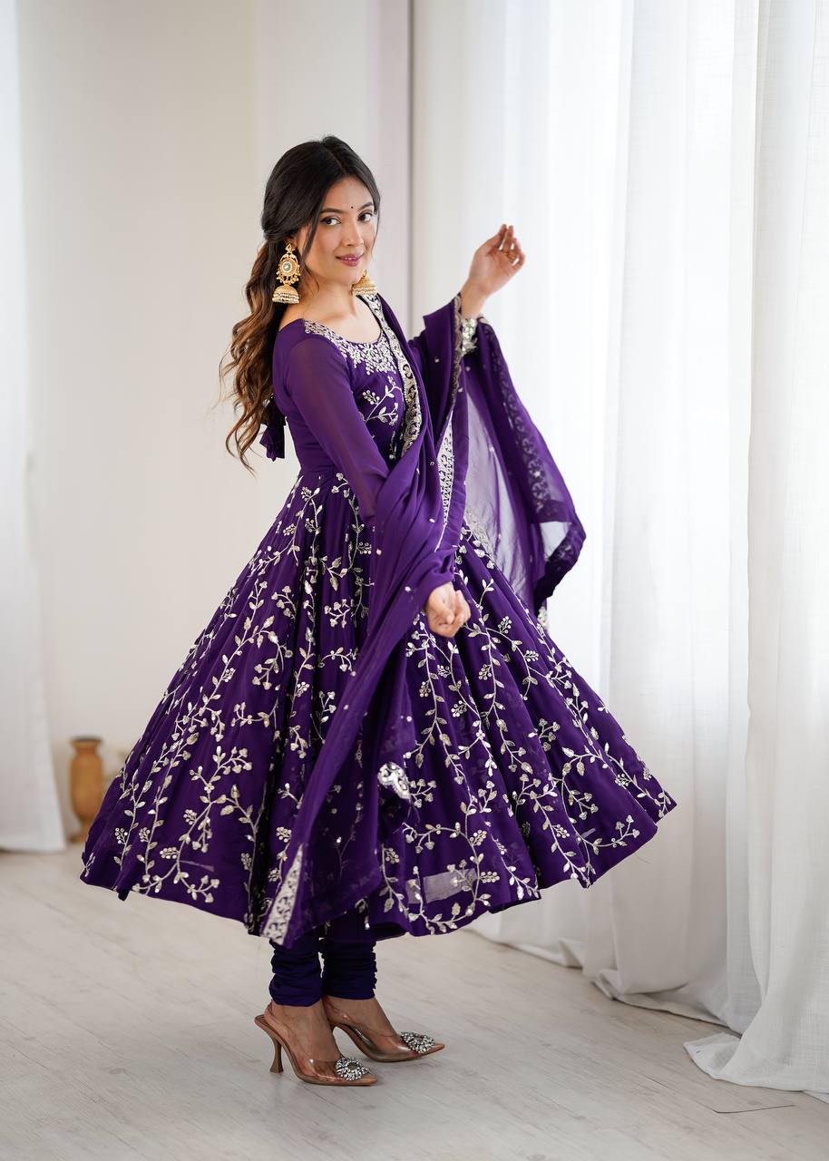 Royal Purple Embroidered Anarkali Suit Set with Dupatta