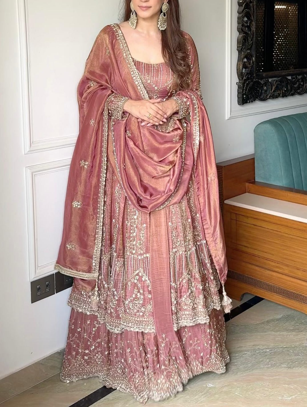 Dusty Rose Anarkali Suit – Tissue Fabric with Zari Sequin Embroidery Work