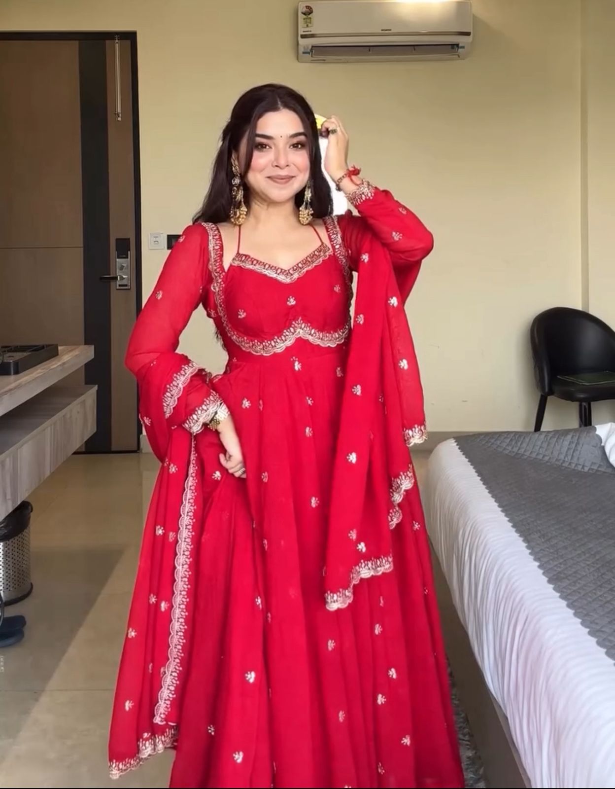 Royal Red Embroidered Georgette Anarkali Suit with Dupatta – Premium Ethnic Wear