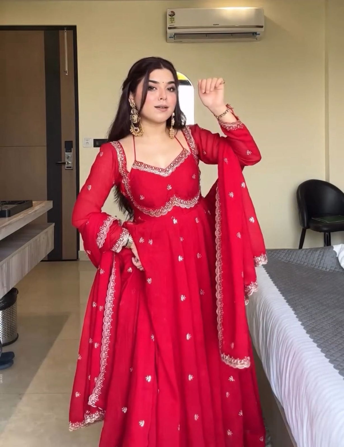 Royal Red Embroidered Georgette Anarkali Suit with Dupatta