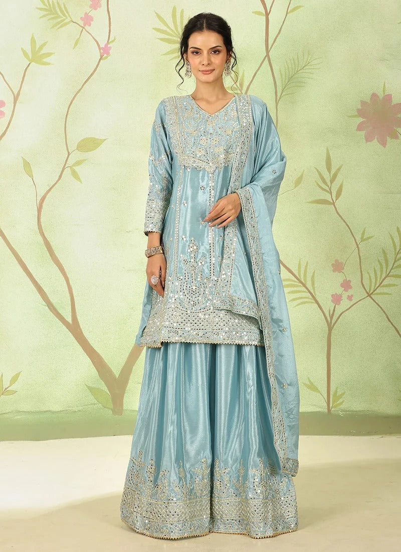 Sajavat Sky Blue Heavy Embroidered Festive Kurta Sharara Set