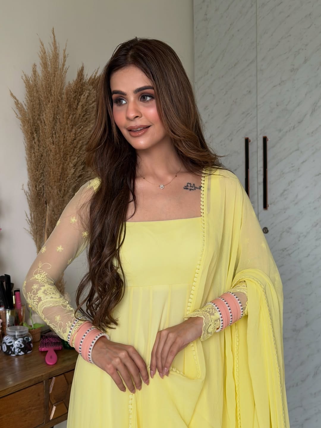 Elegant Yellow Anarkali Suit Set with Embroidered Organza Dupatta