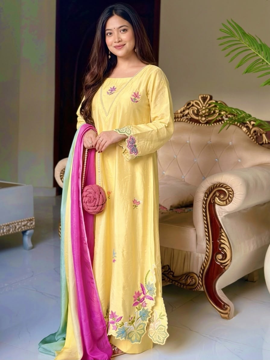 Pastel Yellow Floral Embroidered Designer Suit Set with Dupatta