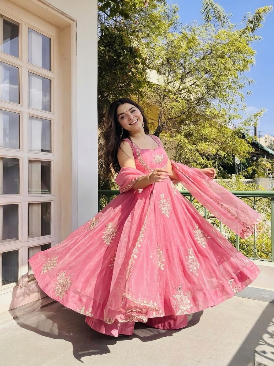 Blush Pink Floral Embroidered Anarkali Gown Set