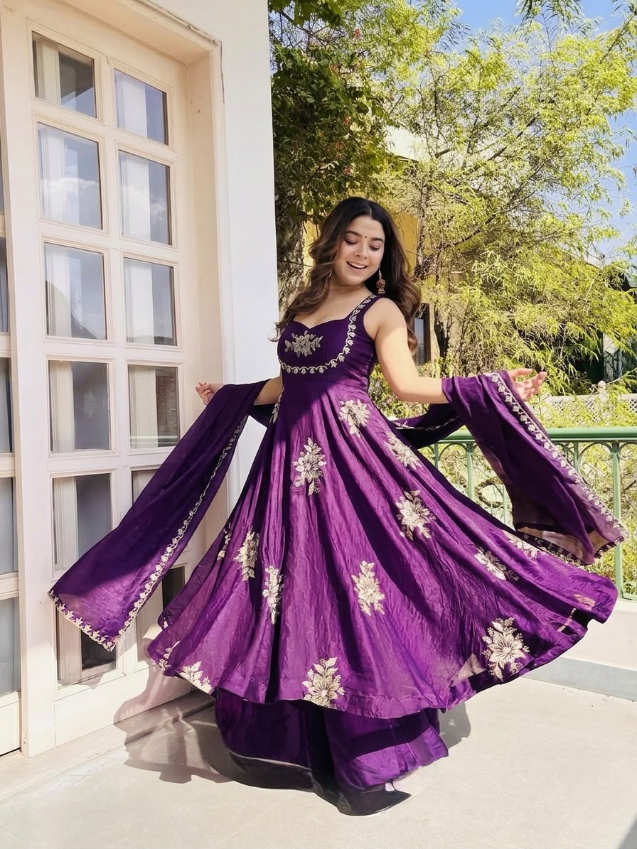 Royal Purple Floral Embroidered Anarkali Gown Set