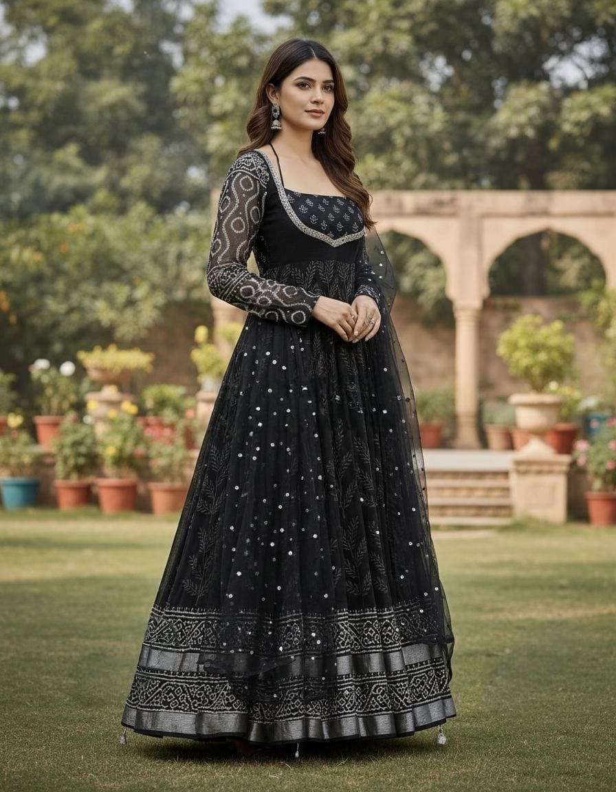 Embroidered Anarkali Suit with Printed Sleeves & Designer Dupatta