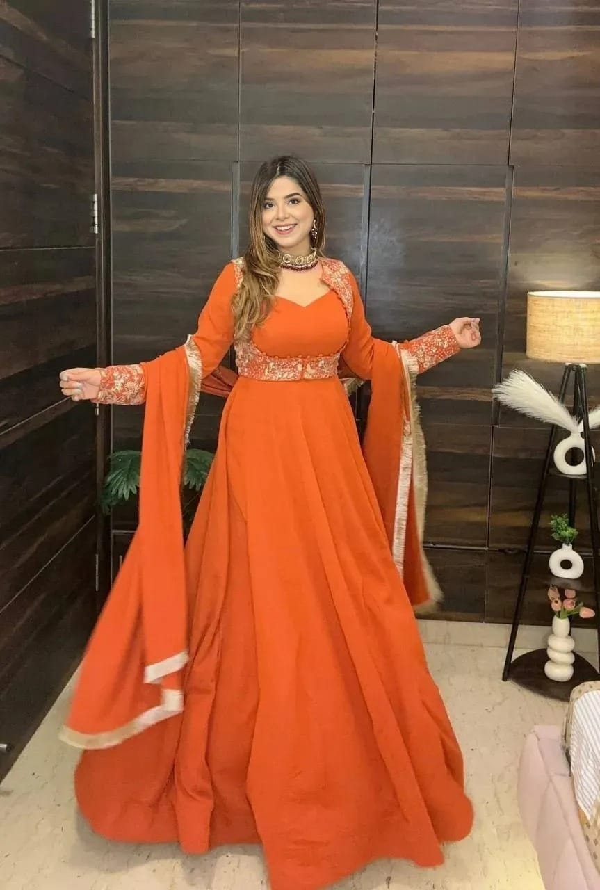 Elegant Faux Georgette Koti Style Maxi Anarkali Set with Embroidered Dupatta