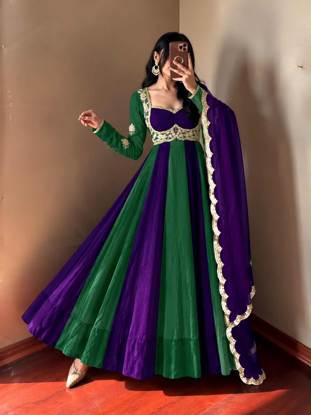 Royal Purple Emerald Green Embroidered Anarkali Gown with Dupatta