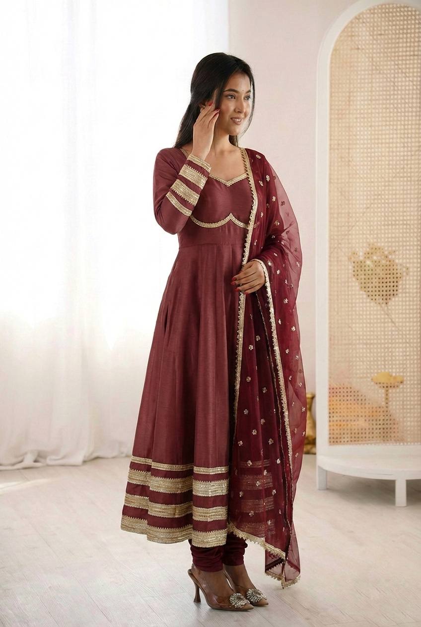 Maroon Anarkali Suit with Golden Border Dupatta