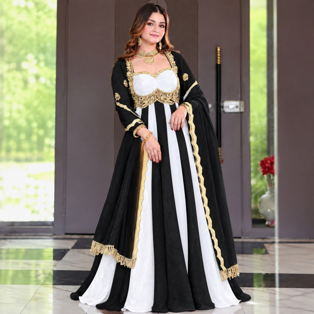 Black & White Embroidered Anarkali Gown with Gold Lace Dupatta